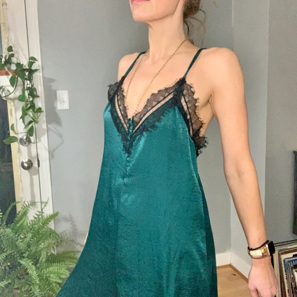 Zara Deep emerald green jumpsuit with Black Lace Detail - Picture 2 of 6
